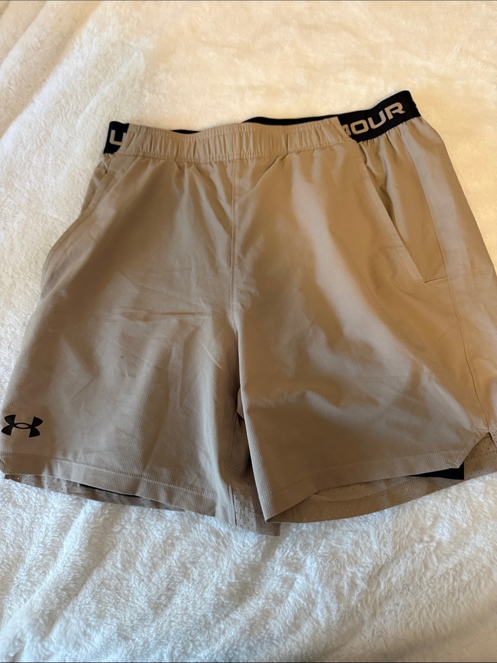 Under Armour Men's Khaki Athletic Shorts with Black Waistband